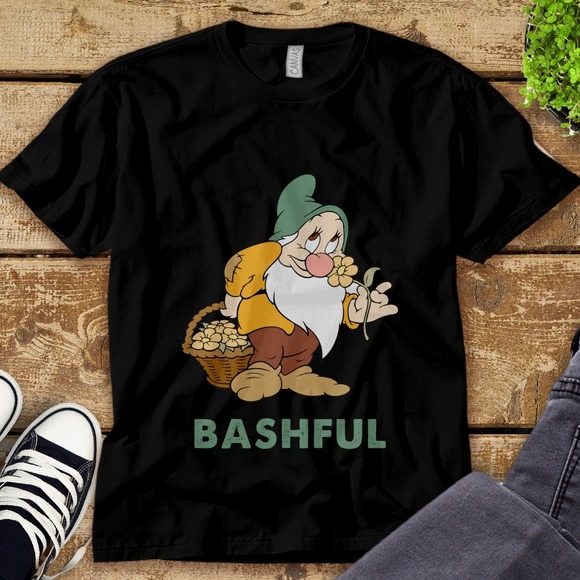 Disney Bashful Dwarf Flowers Basket Seven Dwarfs Funny Unisex Adult T-shirt Kid - Picture 1 of 2